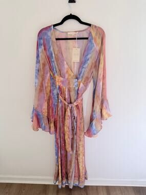 NWT HDYWT Colorful Tie-Dye Long Sleeve Ruffled Cuffs V-Neck Maxi Dress-Size S/M